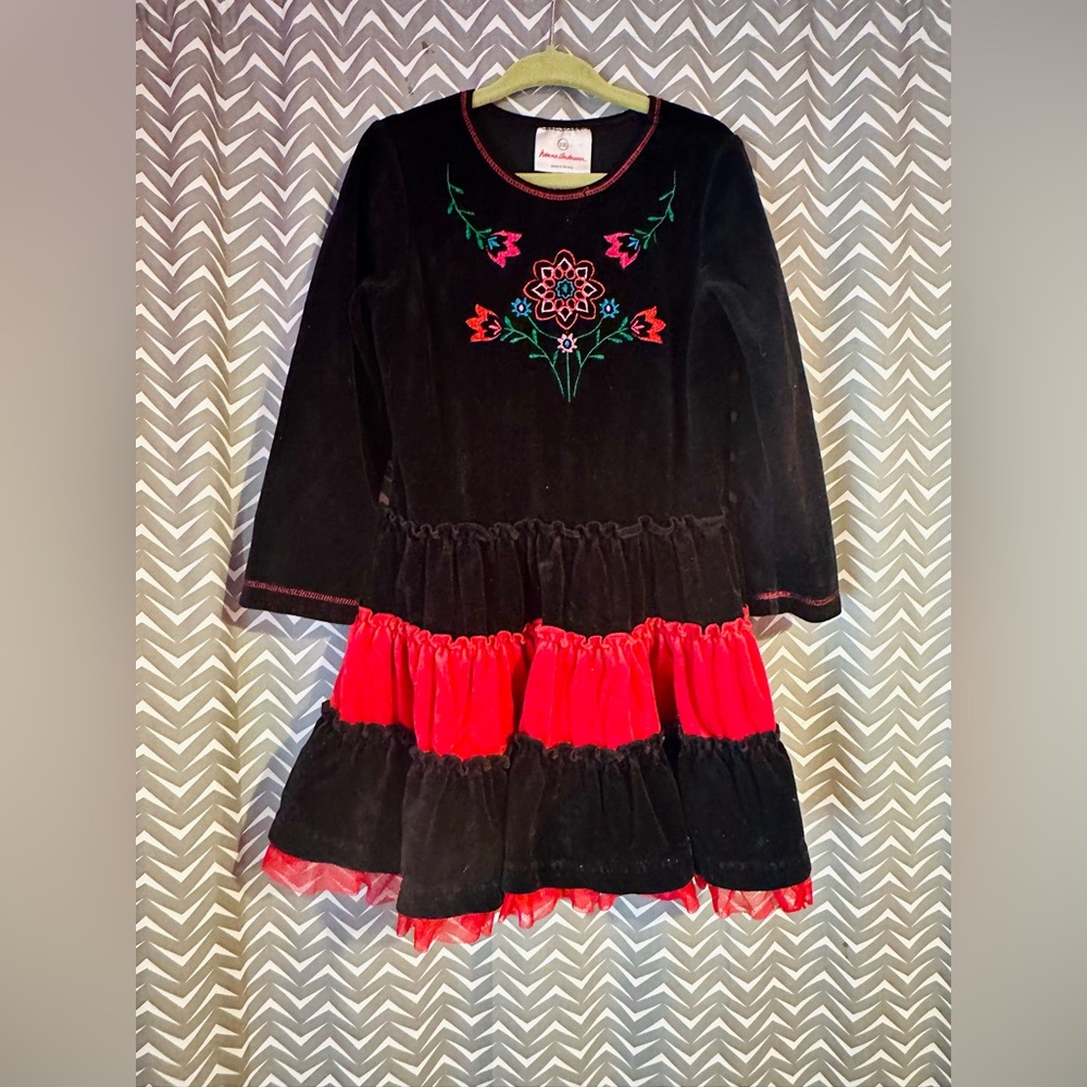Hanna Andersson | Holiday Velvet Embroidered Tiered Dress, Size 4